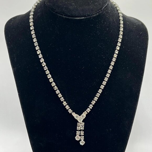 Vintage 1950s Clear Glass Rhinestone drop Necklace 16” Evening Wedding Jewelry - Picture 1 of 6